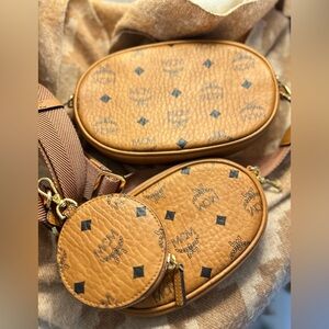 MCM Triple Pouch Signature Visetos Crossbody in Cognac